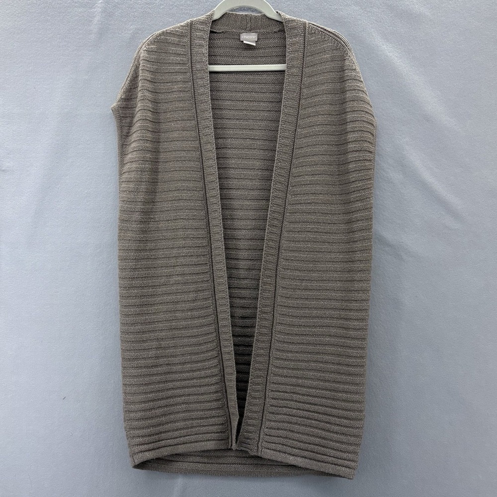 Chicos Size 0 Small Shimmer Long Open Front Sweater Vest Tan Boho‎ Casual Staple